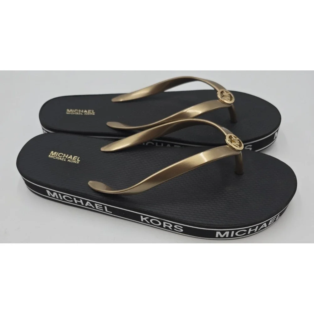 MICHAEL KORS Graphic Flip-Flop Sandals Slide On Thong Size 38 Brown Gold